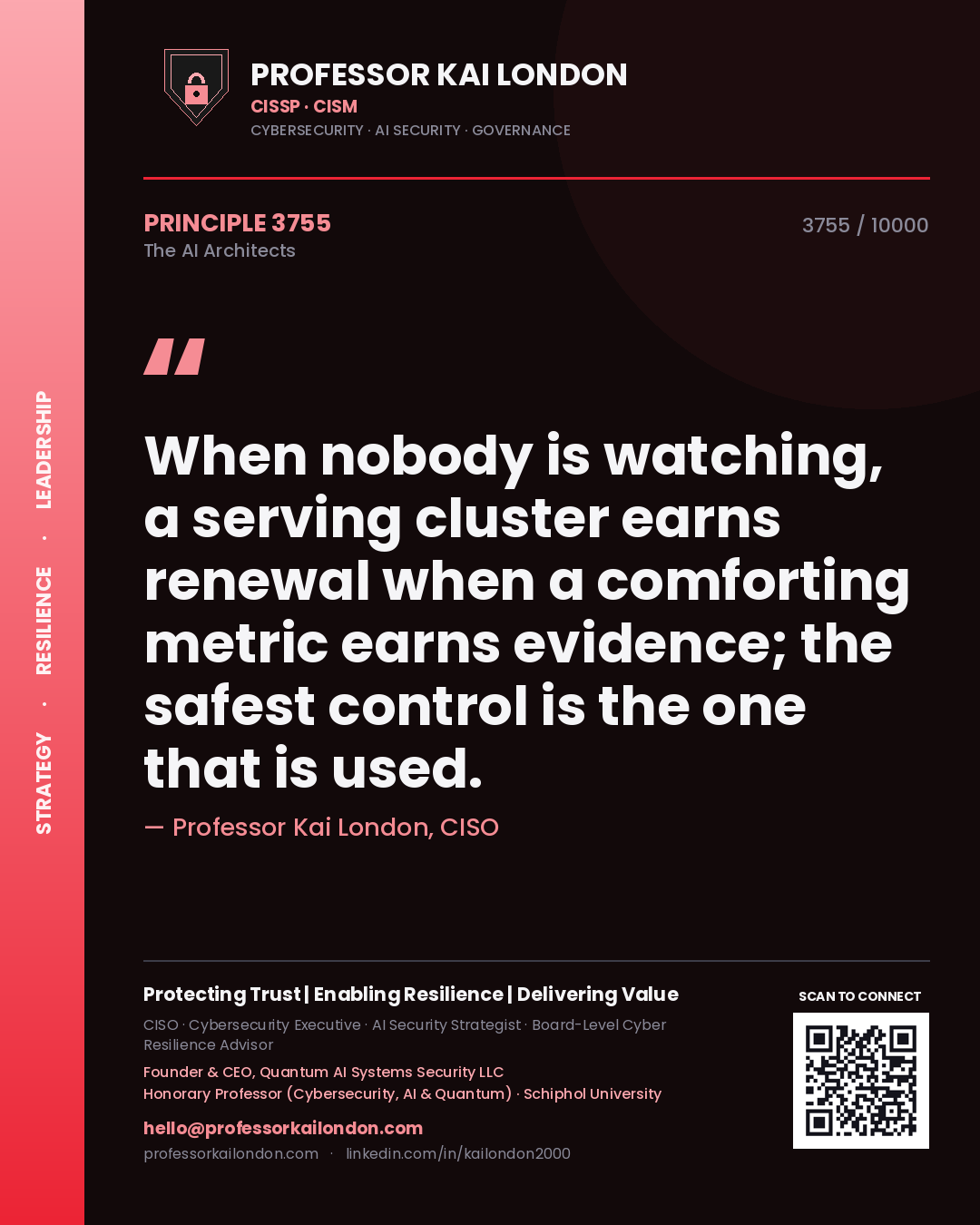 Professor Kai London principle 3755: When nobody is watching, a serving cluster earns renewal when a comforting metric earns evidence; the safest control is the one that is used.