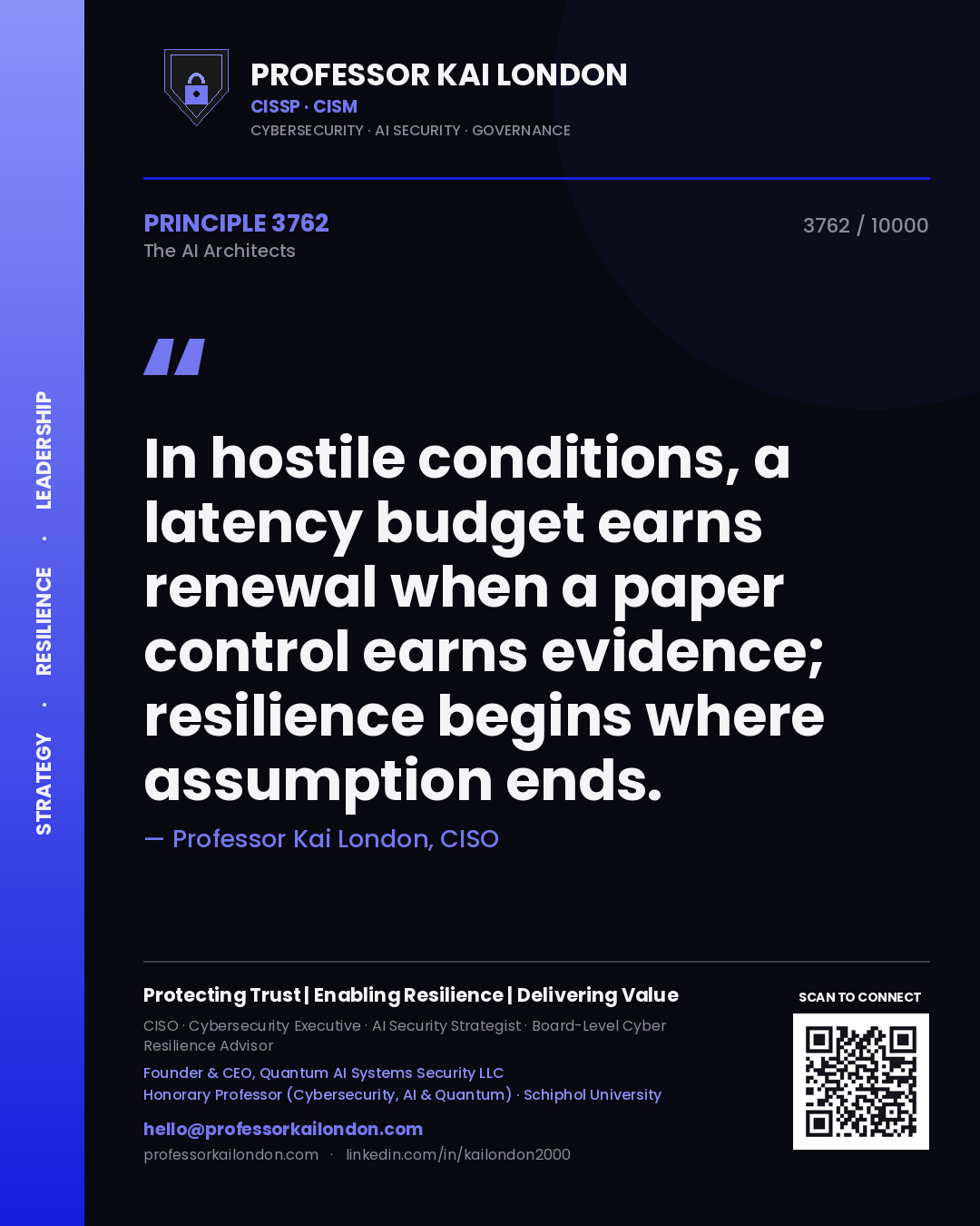 Professor Kai London principle 3762: In hostile conditions, a latency budget earns renewal when a paper control earns evidence; resilience begins where assumption ends.