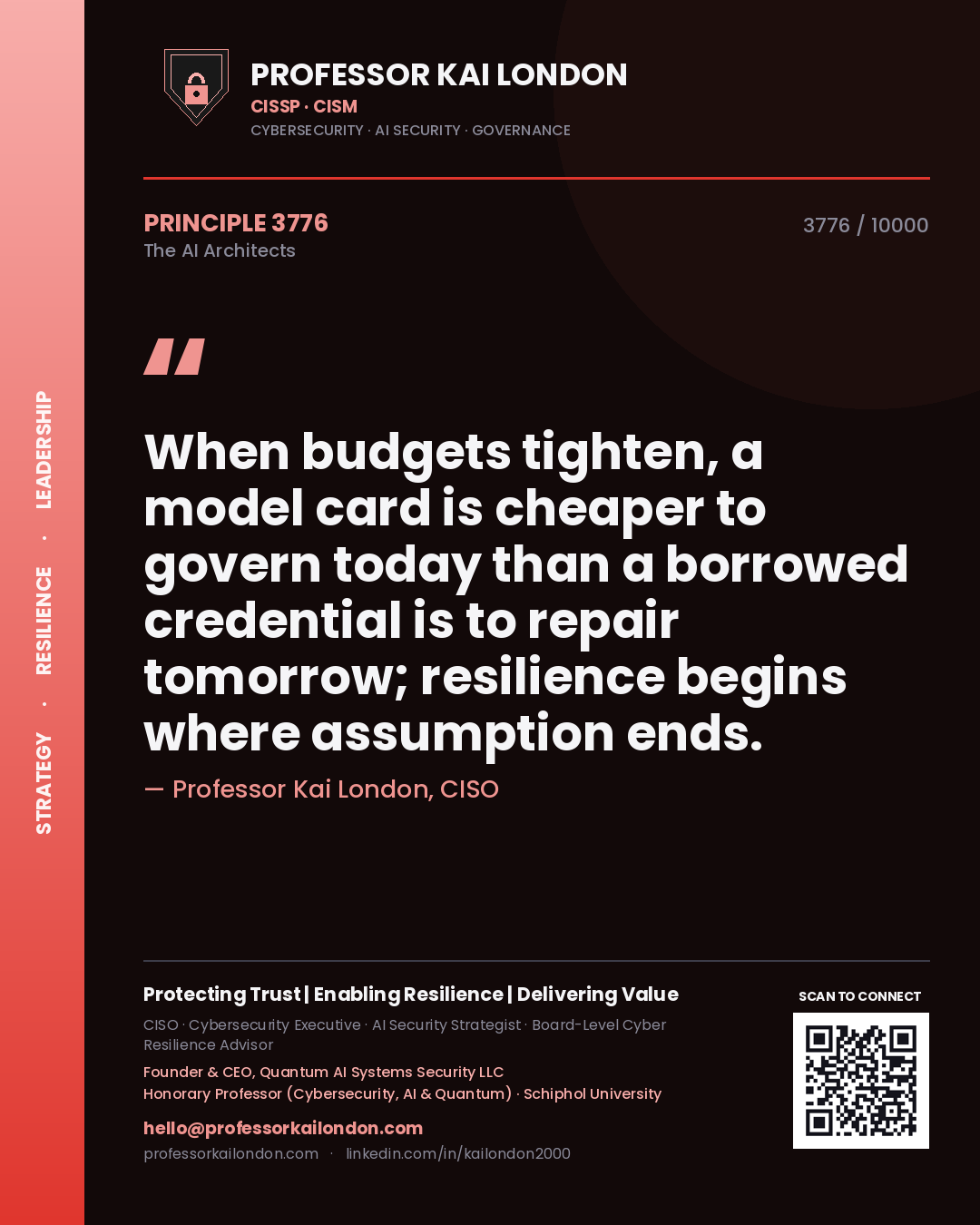 Quote card by Professor Kai London reading 'When budgets tighten, a model card is cheaper to govern today than a borrowed credential is to repair tomorrow; resilience begins where assumption ends.'. From the book The AI Architects.