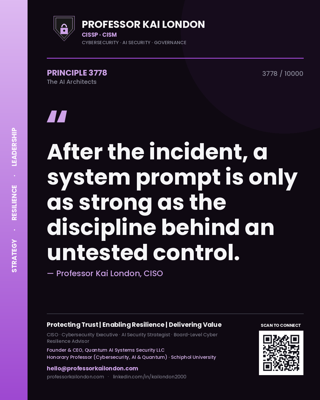 Quote card by Professor Kai London reading 'After the incident, a system prompt is only as strong as the discipline behind an untested control.'. From the book The AI Architects.
