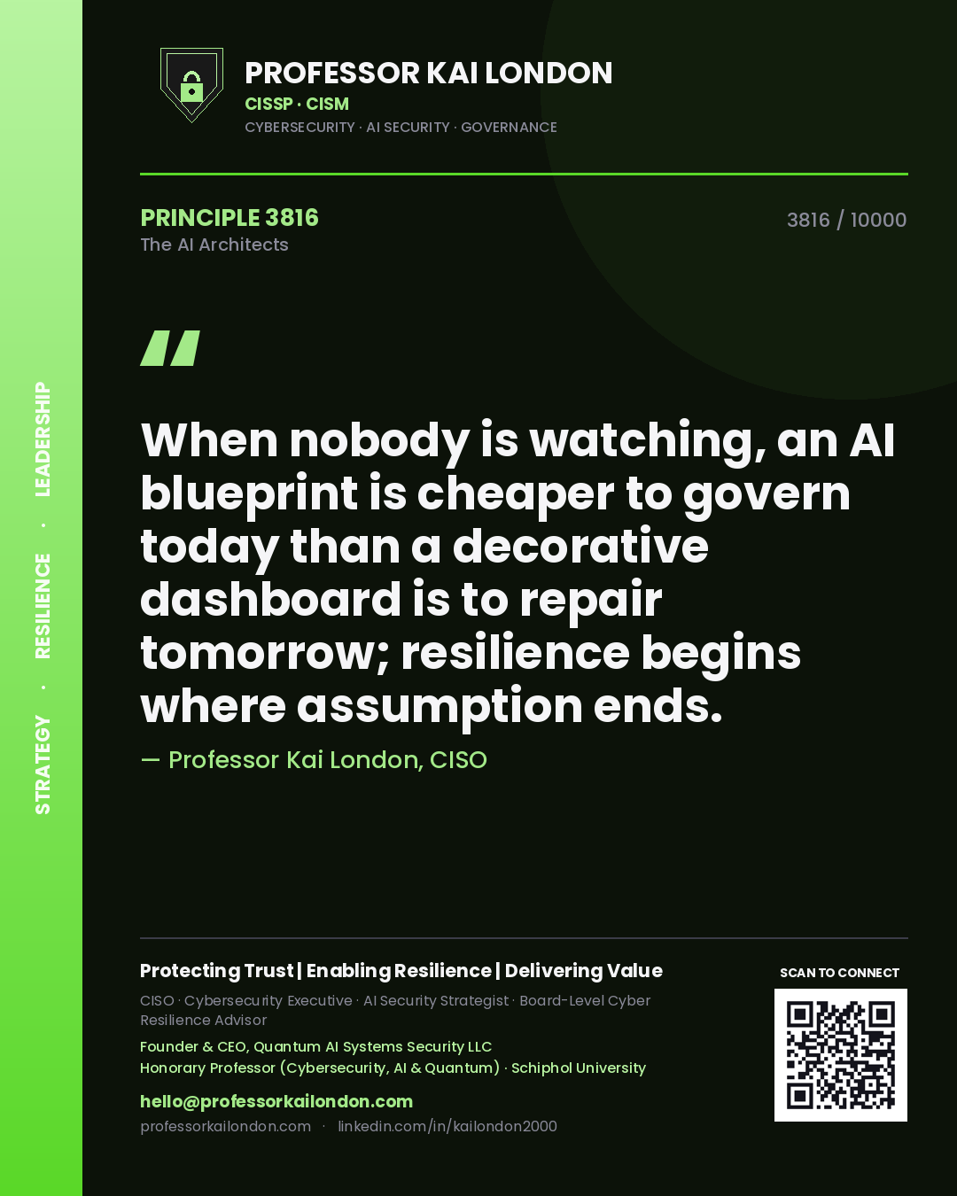 Professor Kai London principle 3816: When nobody is watching, an AI blueprint is cheaper to govern today than a decorative dashboard is to repair tomorrow; resilience begins where assumption ends.