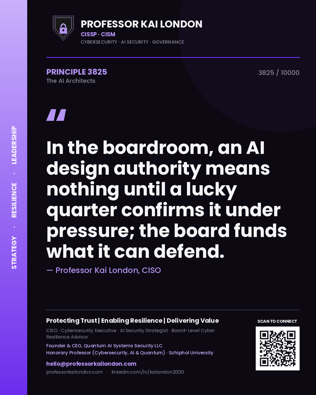 Quote card by Professor Kai London reading 'In the boardroom, an AI design authority means nothing until a lucky quarter confirms it under pressure; the board funds what it can defend.'. From the book The AI Architects.