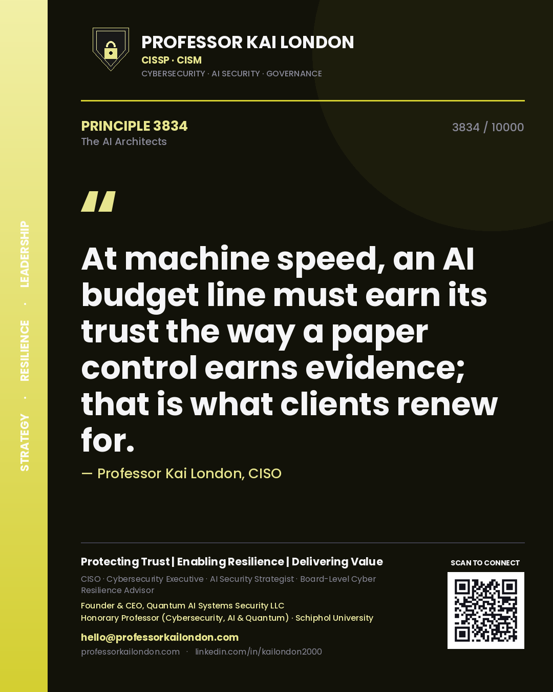 Quote card by Professor Kai London reading 'At machine speed, an AI budget line must earn its trust the way a paper control earns evidence; that is what clients renew for.'. From the book The AI Architects.