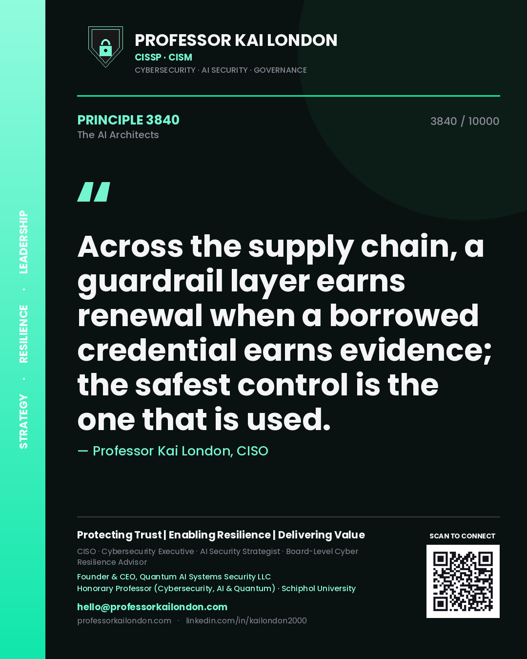 Quote card by Professor Kai London reading 'Across the supply chain, a guardrail layer earns renewal when a borrowed credential earns evidence; the safest control is the one that is used.'. From the book The AI Architects.