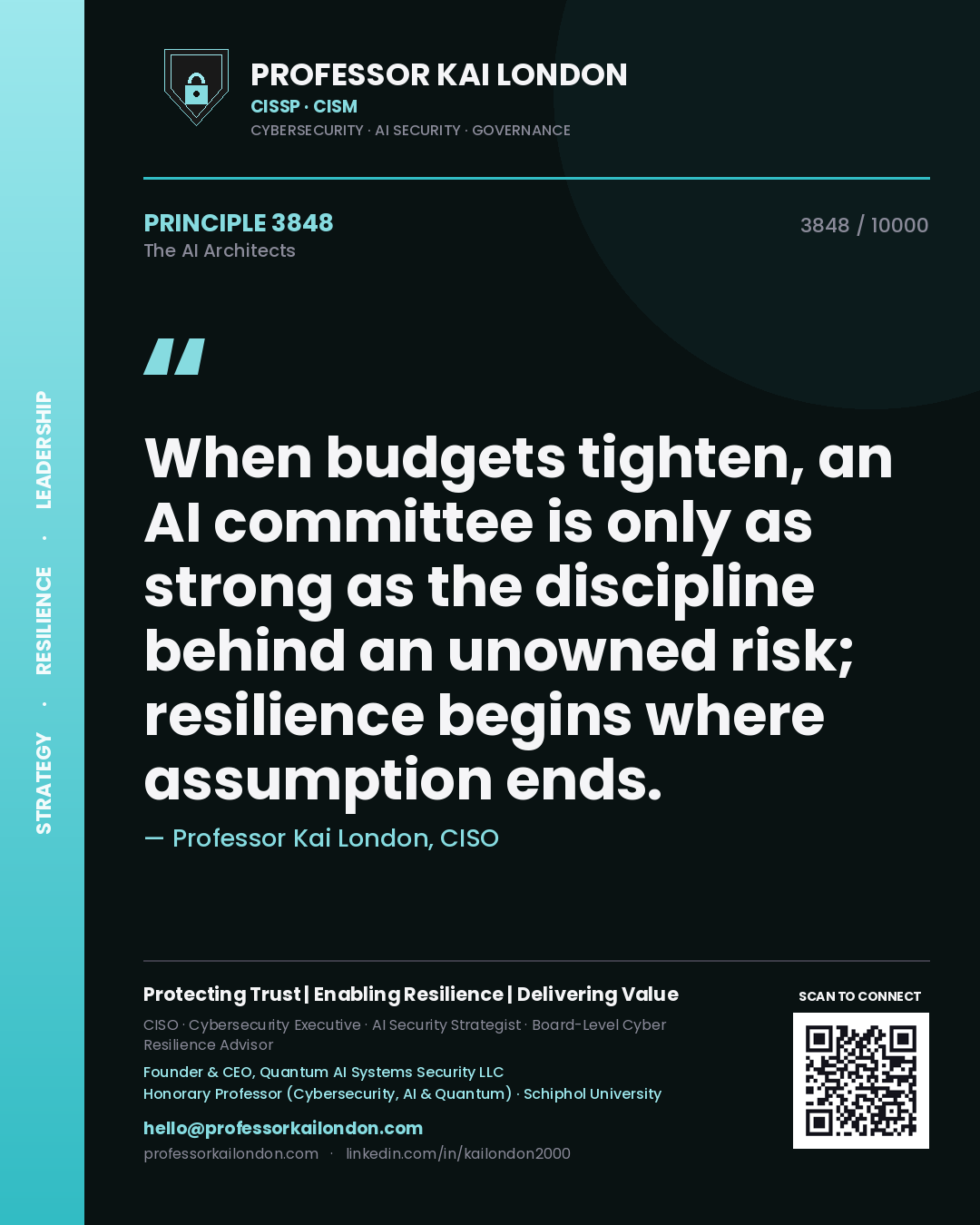 Quote card by Professor Kai London reading 'When budgets tighten, an AI committee is only as strong as the discipline behind an unowned risk; resilience begins where assumption ends.'. From the book The AI Architects.