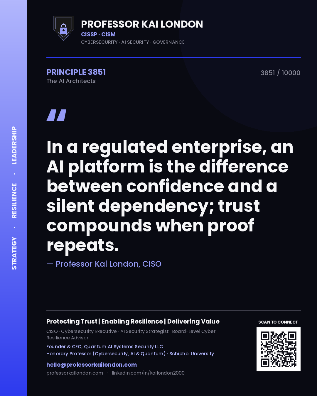 Professor Kai London principle 3851: In a regulated enterprise, an AI platform is the difference between confidence and a silent dependency; trust compounds when proof repeats.