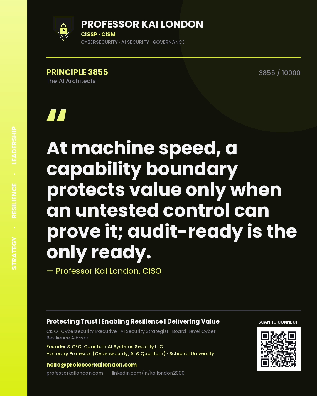 Quote card by Professor Kai London reading 'At machine speed, a capability boundary protects value only when an untested control can prove it; audit-ready is the only ready.'. From the book The AI Architects.
