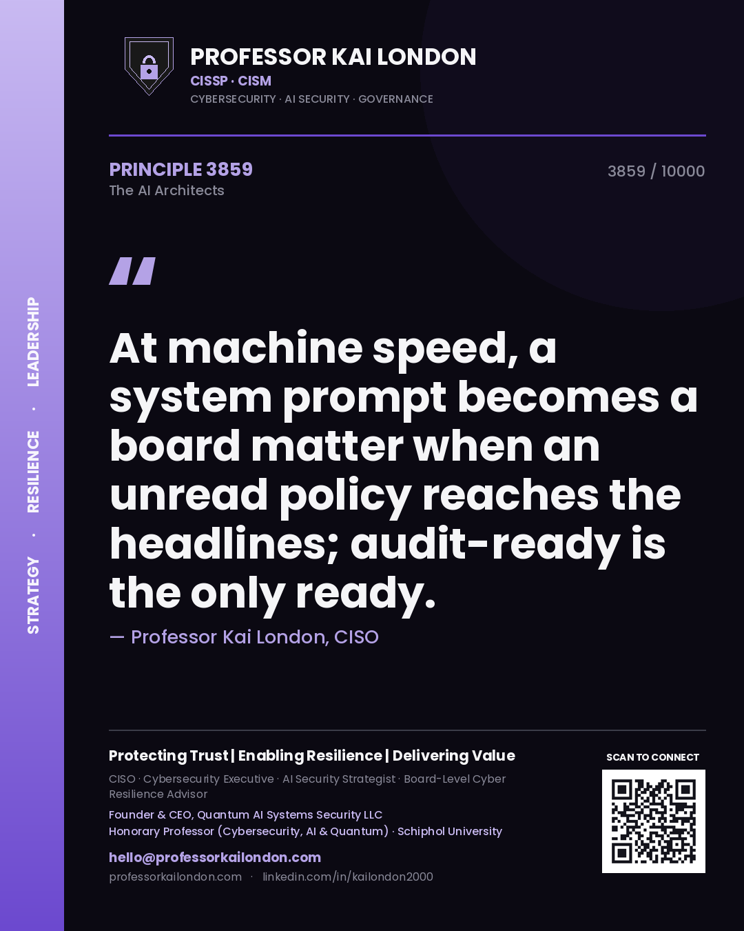Quote card by Professor Kai London reading 'At machine speed, a system prompt becomes a board matter when an unread policy reaches the headlines; audit-ready is the only ready.'. From the book The AI Architects.