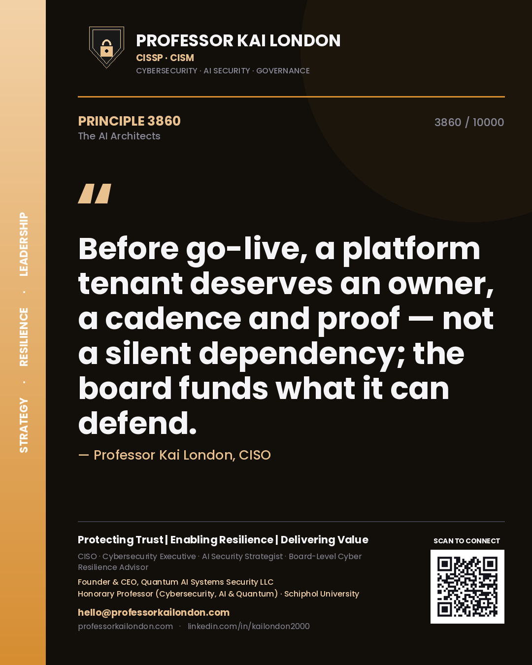 Quote card by Professor Kai London reading 'Before go-live, a platform tenant deserves an owner, a cadence and proof — not a silent dependency; the board funds what it can defend.'. From the book The AI Architects.