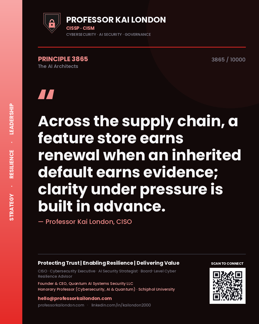 Quote card by Professor Kai London reading 'Across the supply chain, a feature store earns renewal when an inherited default earns evidence; clarity under pressure is built in advance.'. From the book The AI Architects.