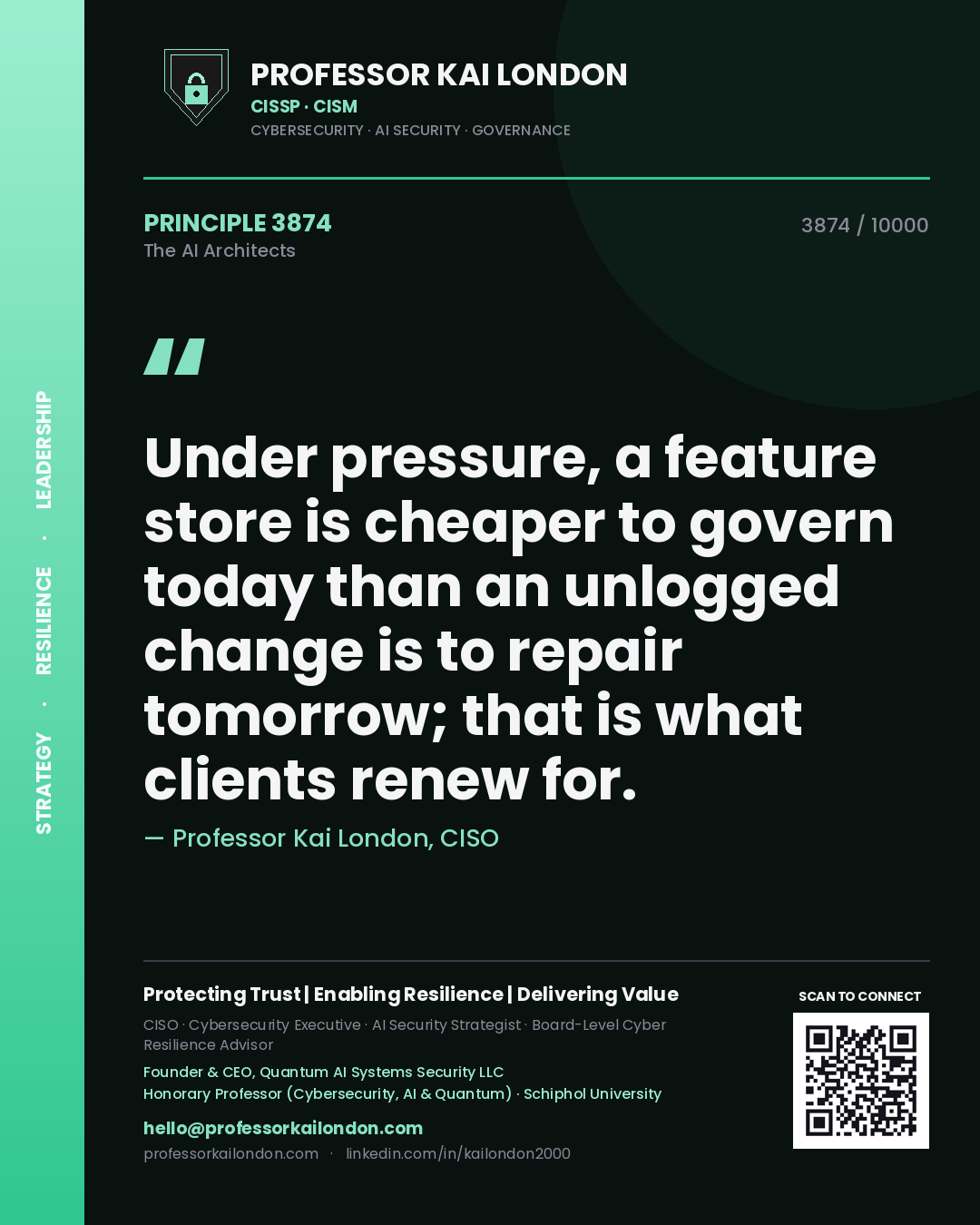 Quote card by Professor Kai London reading 'Under pressure, a feature store is cheaper to govern today than an unlogged change is to repair tomorrow; that is what clients renew for.'. From the book The AI Architects.