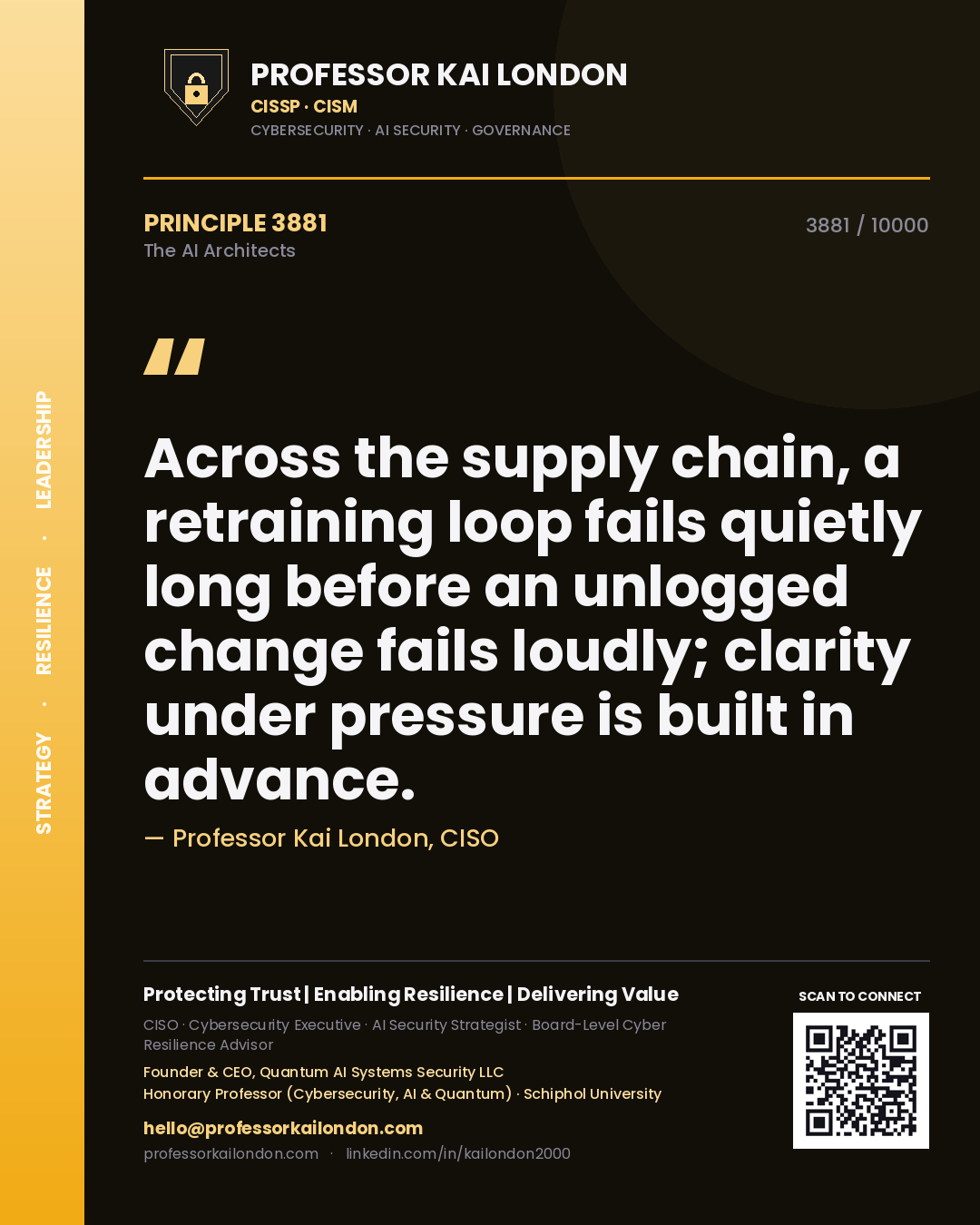 Quote card by Professor Kai London reading 'Across the supply chain, a retraining loop fails quietly long before an unlogged change fails loudly; clarity under pressure is built in advance.'. From the book The AI Architects.