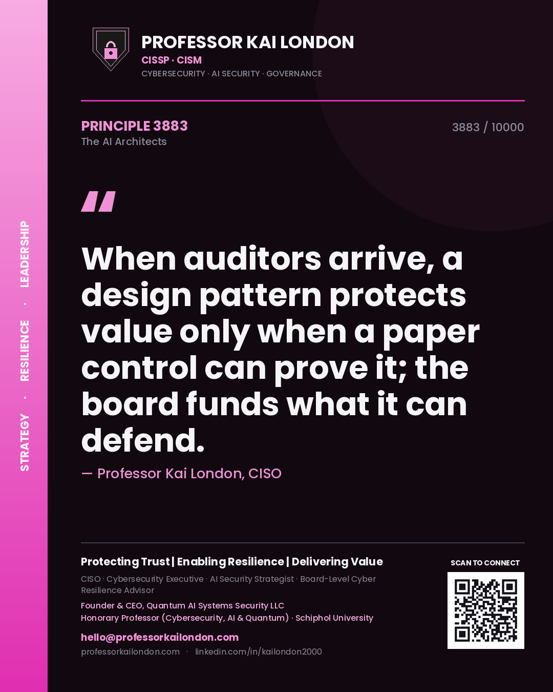 Quote card by Professor Kai London reading 'When auditors arrive, a design pattern protects value only when a paper control can prove it; the board funds what it can defend.'. From the book The AI Architects.