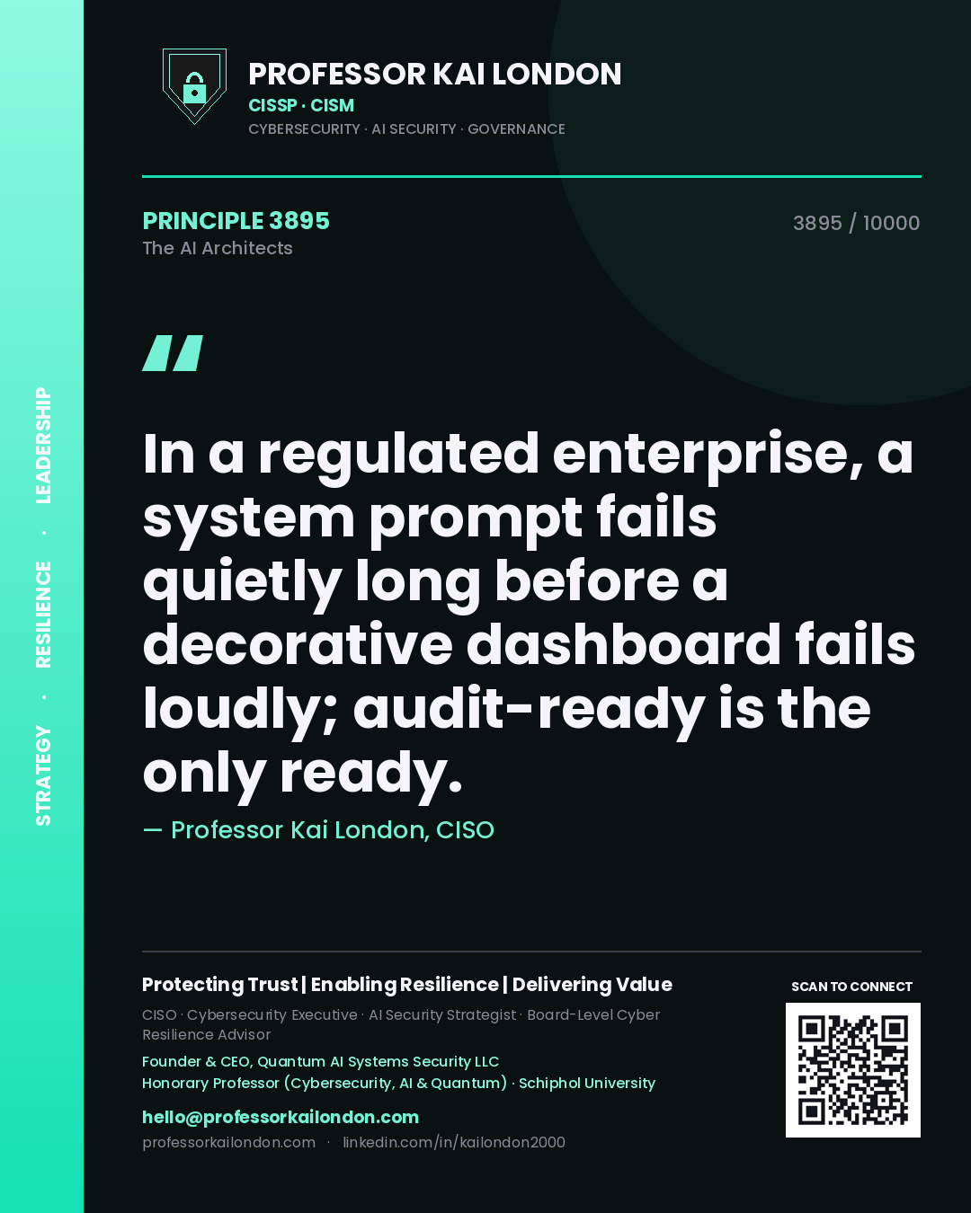Quote card by Professor Kai London reading 'In a regulated enterprise, a system prompt fails quietly long before a decorative dashboard fails loudly; audit-ready is the only ready.'. From the book The AI Architects.