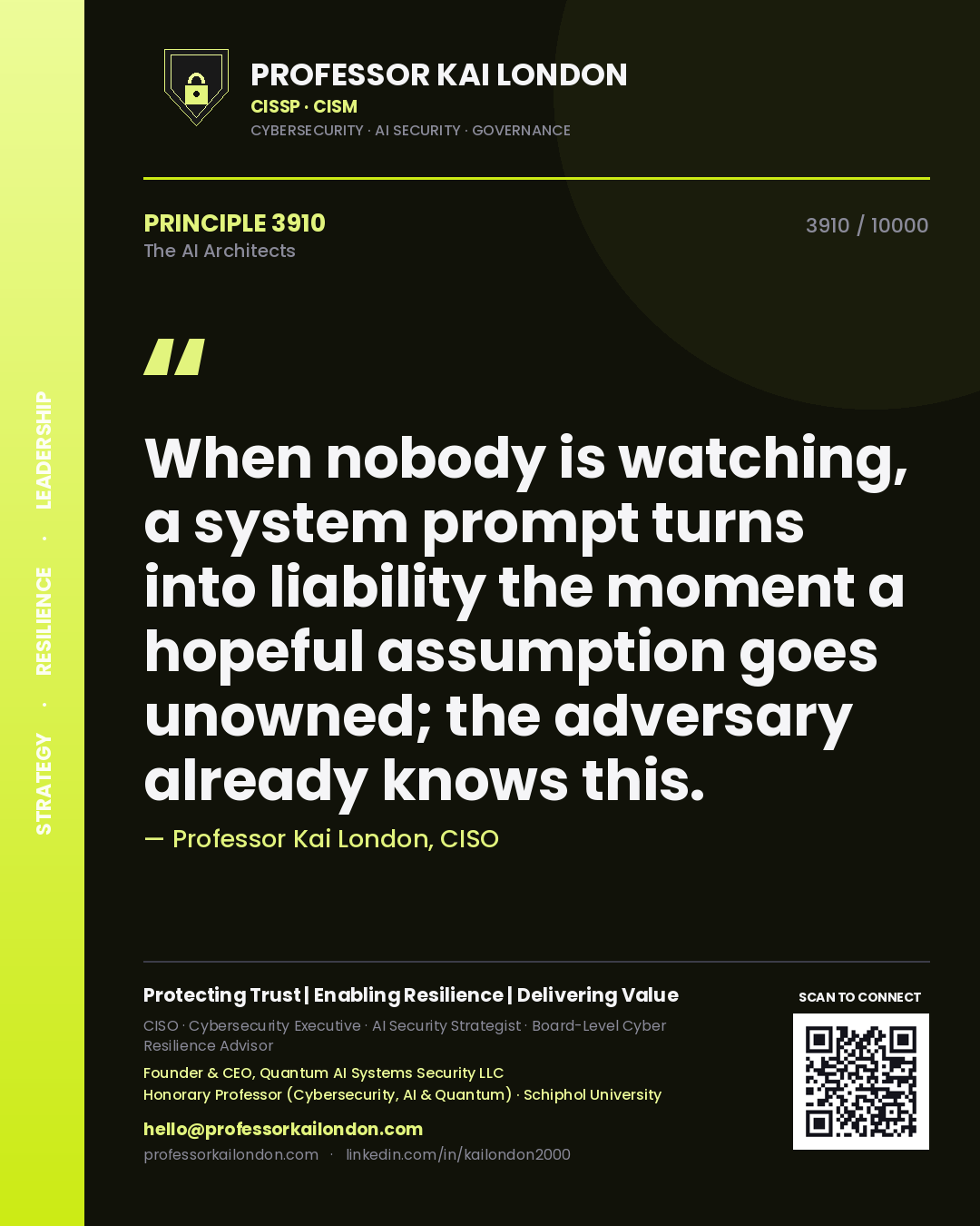 Professor Kai London principle 3910: When nobody is watching, a system prompt turns into liability the moment a hopeful assumption goes unowned; the adversary already knows this.