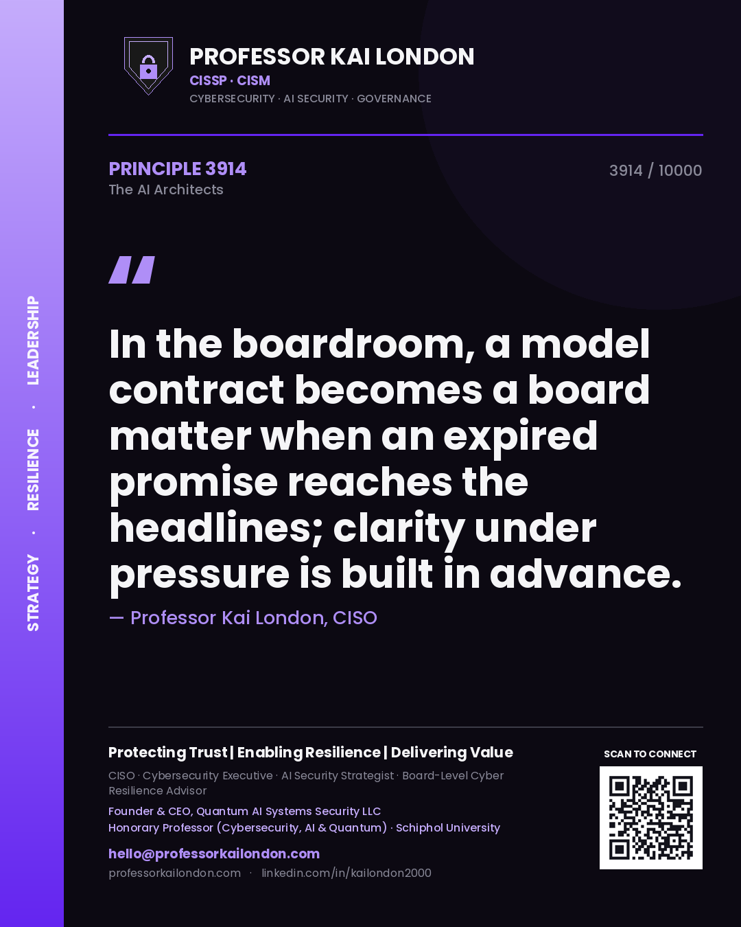 Professor Kai London principle 3914: In the boardroom, a model contract becomes a board matter when an expired promise reaches the headlines; clarity under pressure is built in advance.