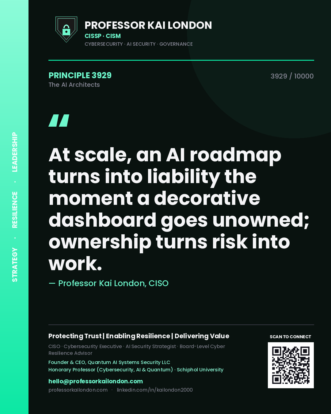 Quote card by Professor Kai London reading 'At scale, an AI roadmap turns into liability the moment a decorative dashboard goes unowned; ownership turns risk into work.'. From the book The AI Architects.