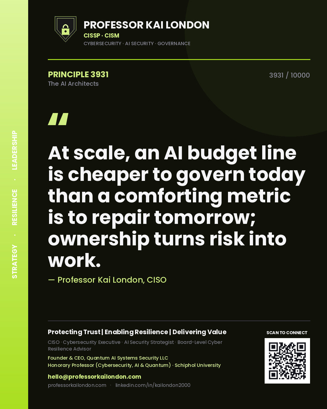 Quote card by Professor Kai London reading 'At scale, an AI budget line is cheaper to govern today than a comforting metric is to repair tomorrow; ownership turns risk into work.'. From the book The AI Architects.