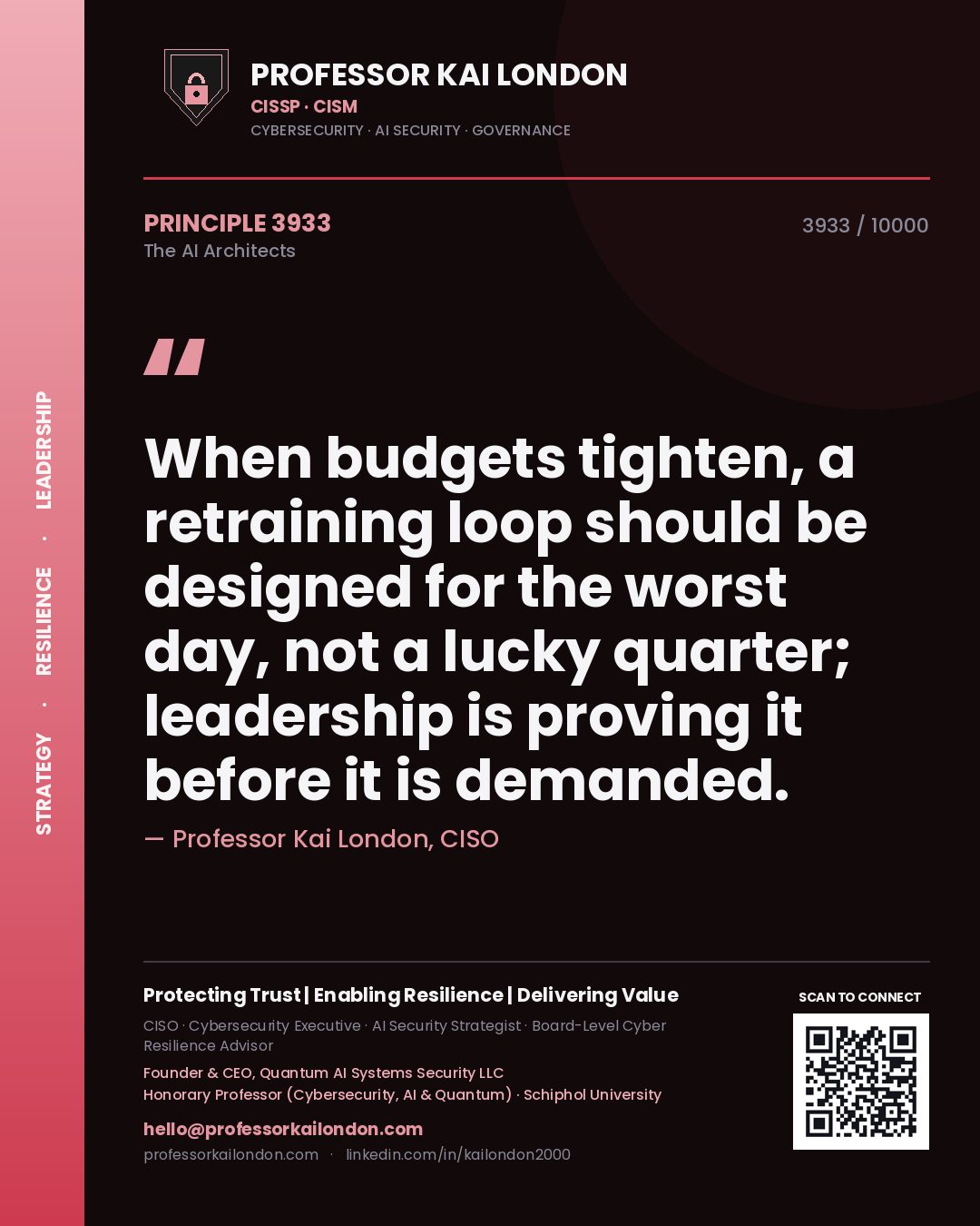 Quote card by Professor Kai London reading 'When budgets tighten, a retraining loop should be designed for the worst day, not a lucky quarter; leadership is proving it before it is demanded.'. From the book The AI Architects.