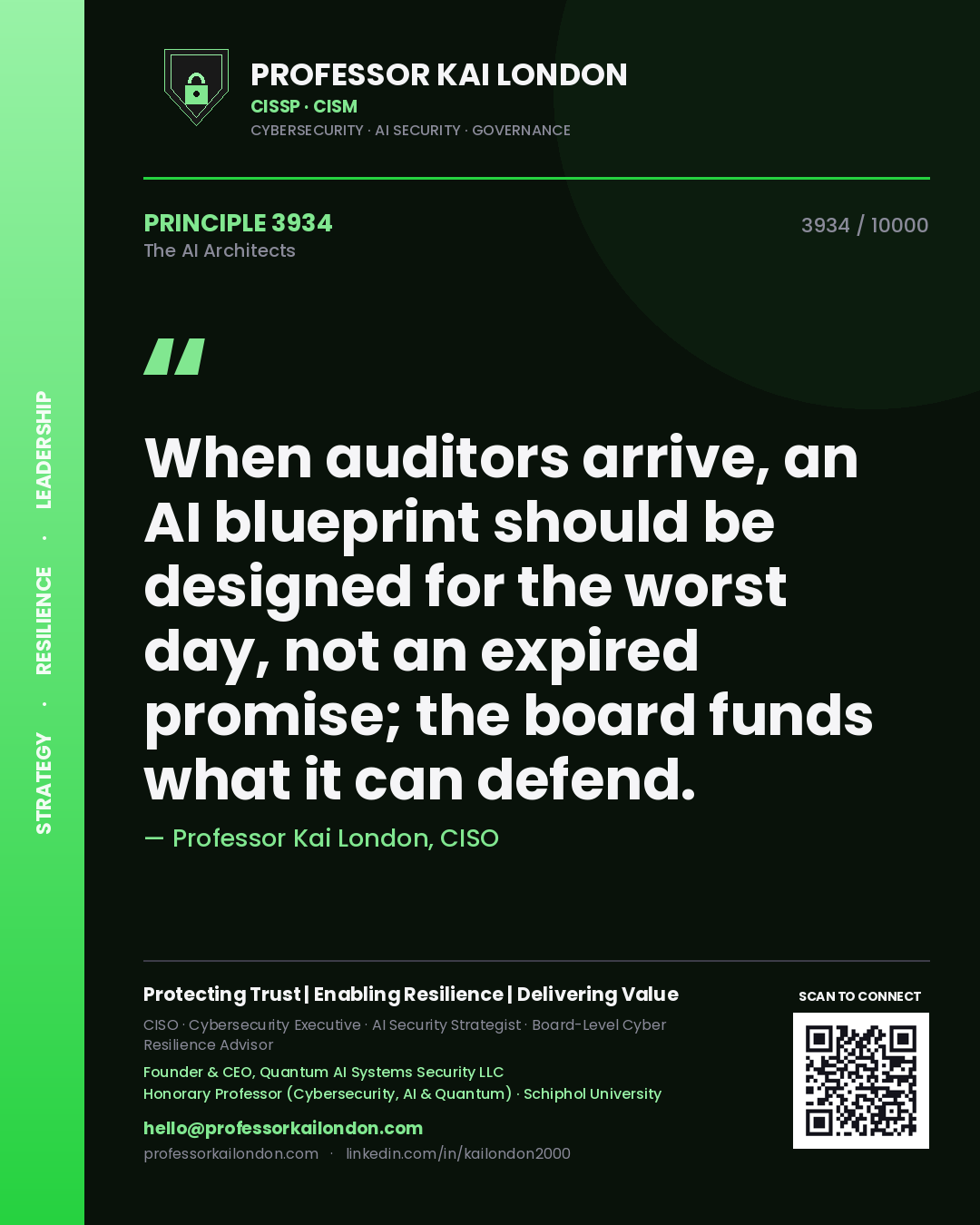 Professor Kai London principle 3934: When auditors arrive, an AI blueprint should be designed for the worst day, not an expired promise; the board funds what it can defend.