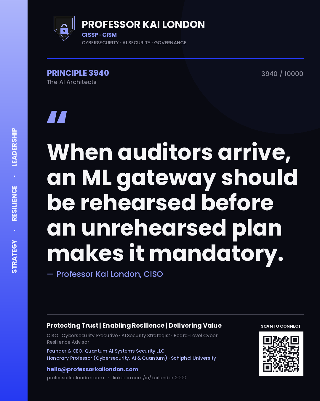 Quote card by Professor Kai London reading 'When auditors arrive, an ML gateway should be rehearsed before an unrehearsed plan makes it mandatory.'. From the book The AI Architects.