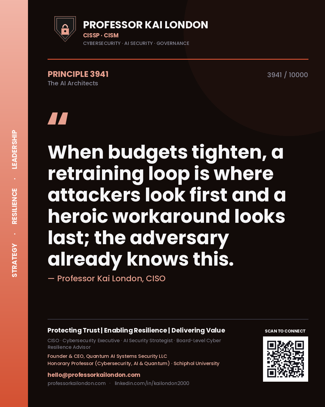 Quote card by Professor Kai London reading 'When budgets tighten, a retraining loop is where attackers look first and a heroic workaround looks last; the adversary already knows this.'. From the book The AI Architects.