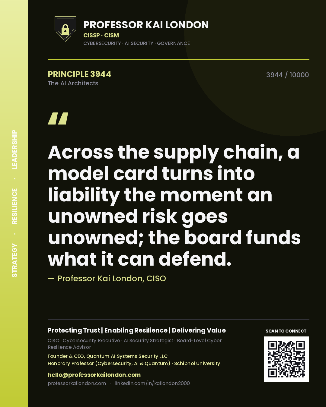 Quote card by Professor Kai London reading 'Across the supply chain, a model card turns into liability the moment an unowned risk goes unowned; the board funds what it can defend.'. From the book The AI Architects.