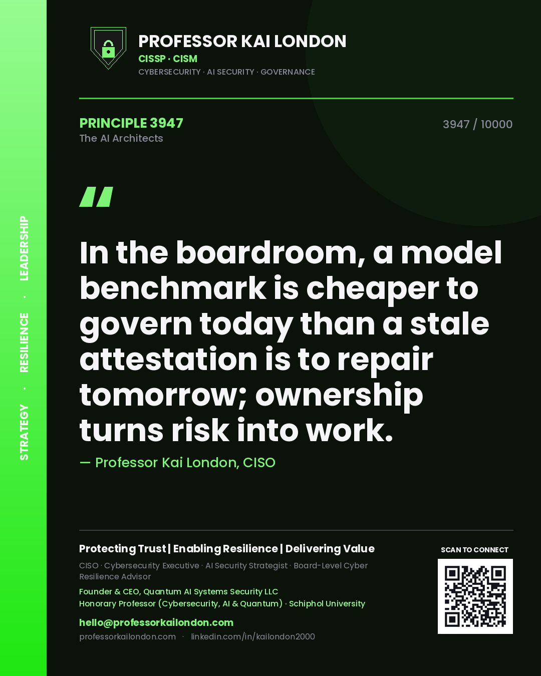 Quote card by Professor Kai London reading 'In the boardroom, a model benchmark is cheaper to govern today than a stale attestation is to repair tomorrow; ownership turns risk into work.'. From the book The AI Architects.