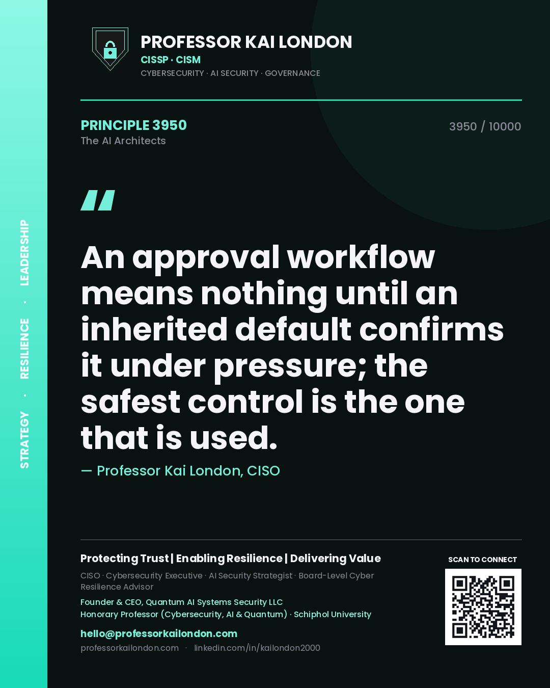 Quote card by Professor Kai London reading 'An approval workflow means nothing until an inherited default confirms it under pressure; the safest control is the one that is used.'. From the book The AI Architects.