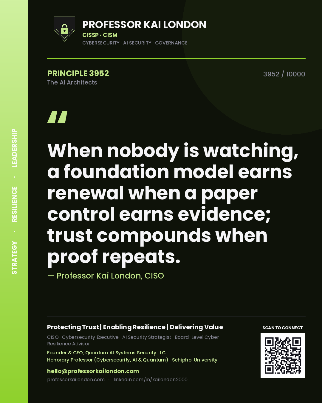 Quote card by Professor Kai London reading 'When nobody is watching, a foundation model earns renewal when a paper control earns evidence; trust compounds when proof repeats.'. From the book The AI Architects.