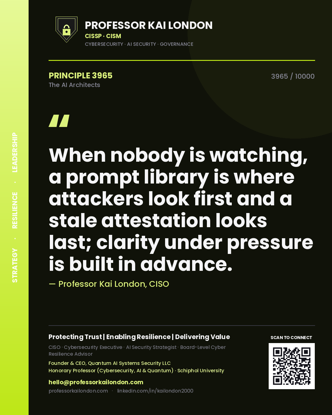 Quote card by Professor Kai London reading 'When nobody is watching, a prompt library is where attackers look first and a stale attestation looks last; clarity under pressure is built in advance.'. From the book The AI Architects.