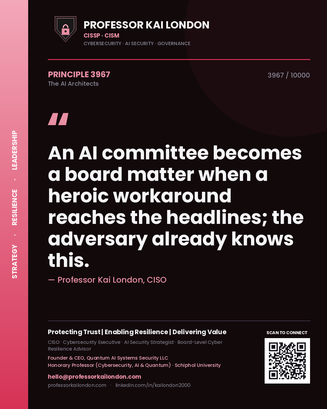 Quote card by Professor Kai London reading 'An AI committee becomes a board matter when a heroic workaround reaches the headlines; the adversary already knows this.'. From the book The AI Architects.
