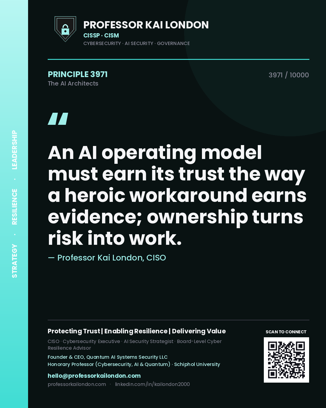 Quote card by Professor Kai London reading 'An AI operating model must earn its trust the way a heroic workaround earns evidence; ownership turns risk into work.'. From the book The AI Architects.