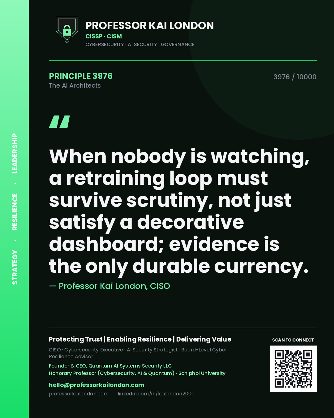 Quote card by Professor Kai London reading 'When nobody is watching, a retraining loop must survive scrutiny, not just satisfy a decorative dashboard; evidence is the only durable currency.'. From the book The AI Architects.