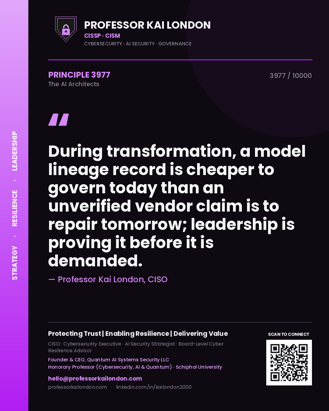 Professor Kai London principle 3977: During transformation, a model lineage record is cheaper to govern today than an unverified vendor claim is to repair tomorrow; leadership is proving it before it is demanded.