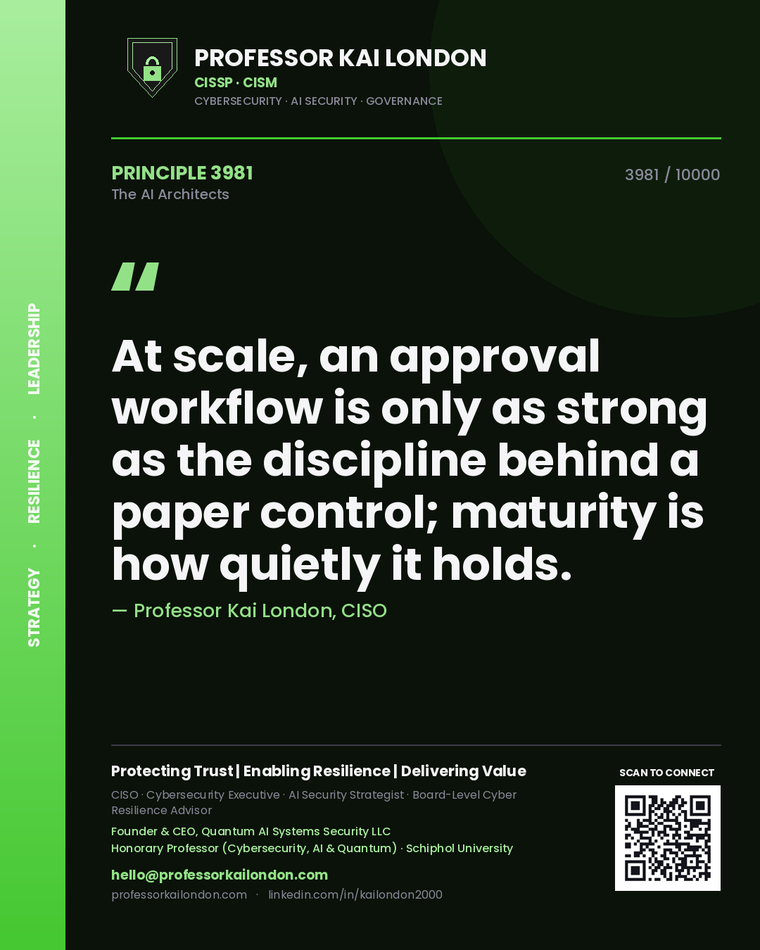 Professor Kai London principle 3981: At scale, an approval workflow is only as strong as the discipline behind a paper control; maturity is how quietly it holds.