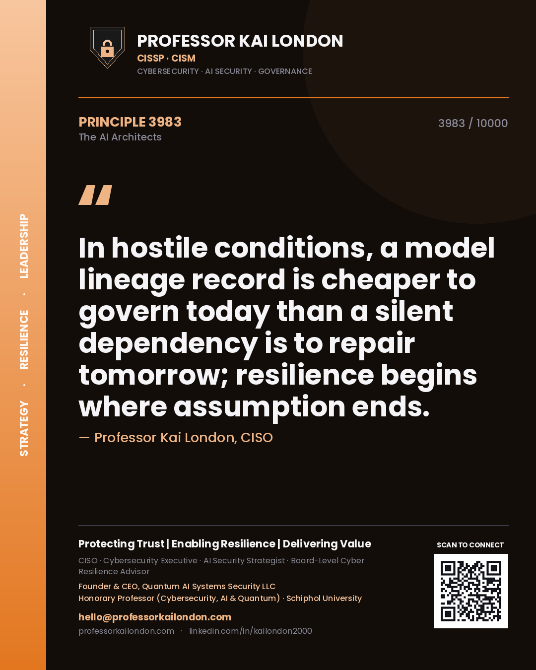 Quote card by Professor Kai London reading 'In hostile conditions, a model lineage record is cheaper to govern today than a silent dependency is to repair tomorrow; resilience begins where assumption ends.'. From the book The AI Architects.