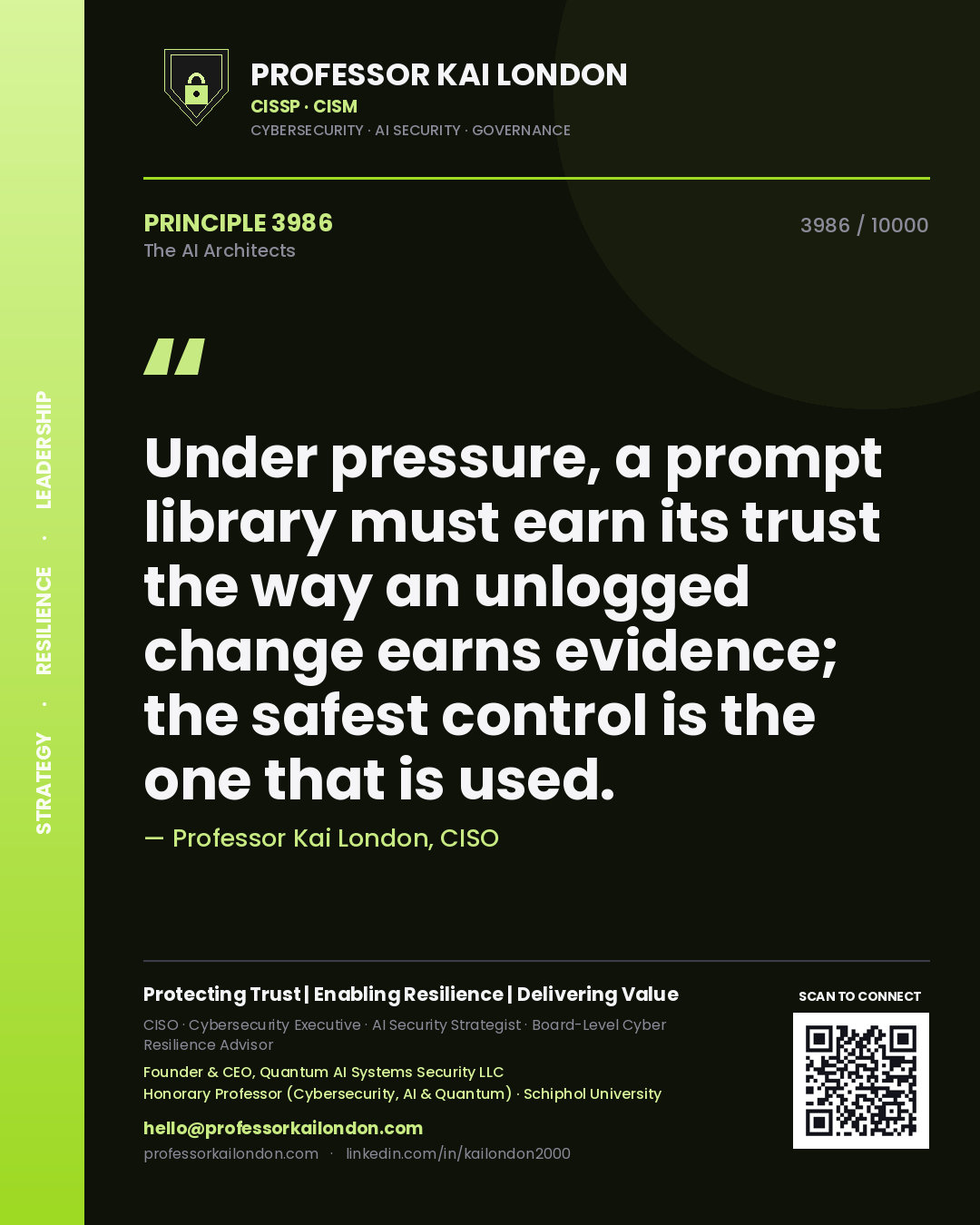 Professor Kai London principle 3986: Under pressure, a prompt library must earn its trust the way an unlogged change earns evidence; the safest control is the one that is used.