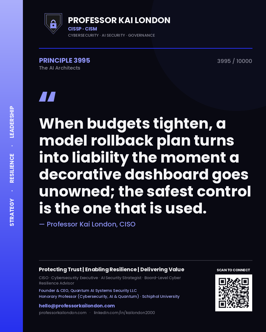 Quote card by Professor Kai London reading 'When budgets tighten, a model rollback plan turns into liability the moment a decorative dashboard goes unowned; the safest control is the one that is used.'. From the book The AI Architects.