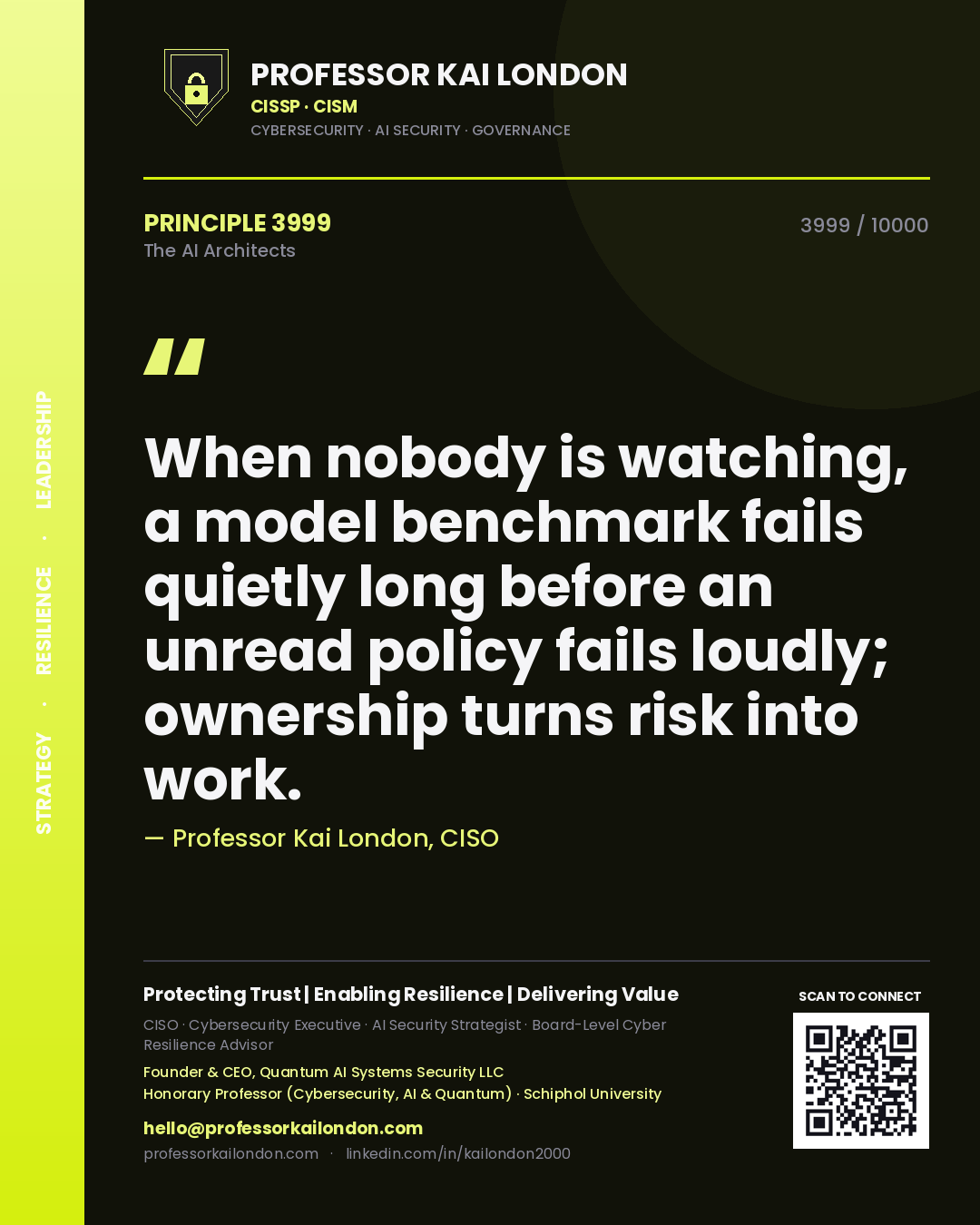 Quote card by Professor Kai London reading 'When nobody is watching, a model benchmark fails quietly long before an unread policy fails loudly; ownership turns risk into work.'. From the book The AI Architects.