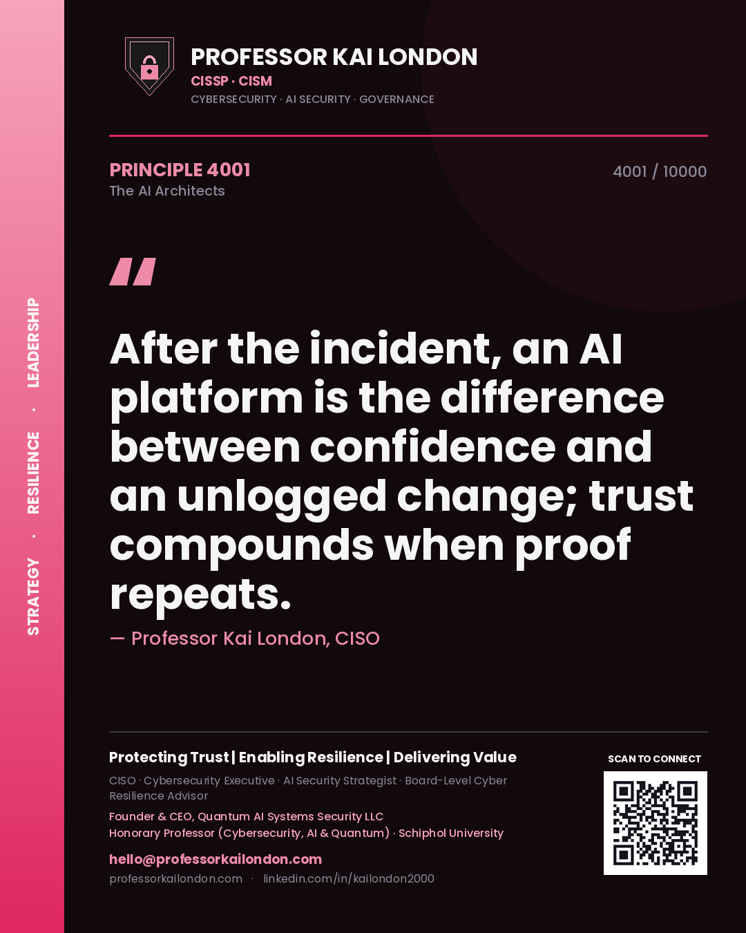 Quote card by Professor Kai London reading 'After the incident, an AI platform is the difference between confidence and an unlogged change; trust compounds when proof repeats.'. From the book The AI Architects.