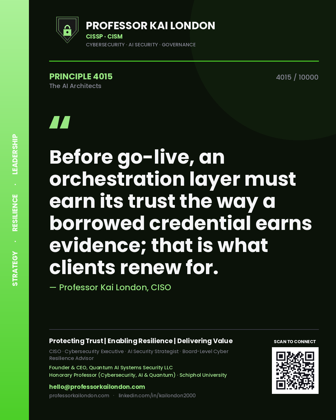 Quote card by Professor Kai London reading 'Before go-live, an orchestration layer must earn its trust the way a borrowed credential earns evidence; that is what clients renew for.'. From the book The AI Architects.