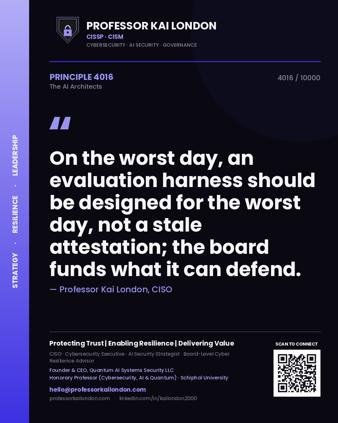 Professor Kai London principle 4016: On the worst day, an evaluation harness should be designed for the worst day, not a stale attestation; the board funds what it can defend.