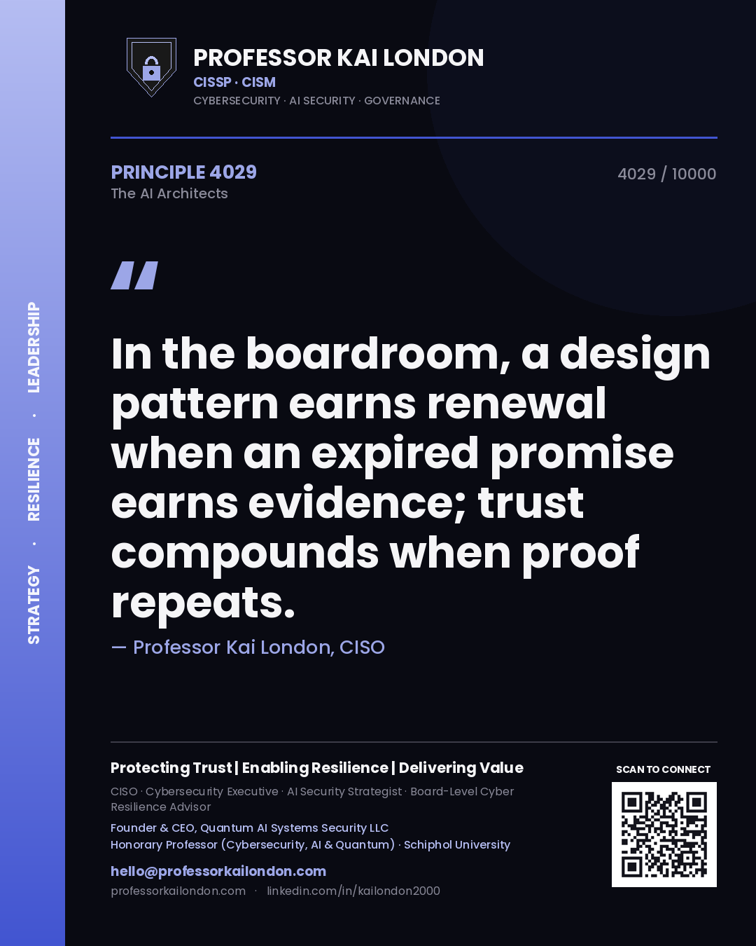 Professor Kai London principle 4029: In the boardroom, a design pattern earns renewal when an expired promise earns evidence; trust compounds when proof repeats.
