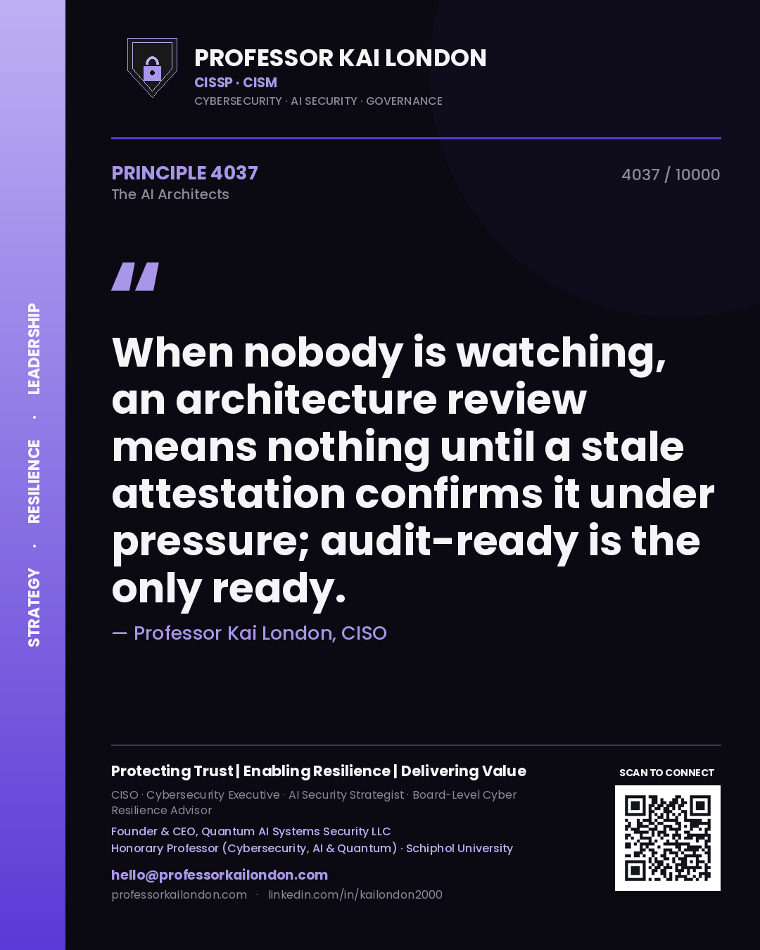 Professor Kai London principle 4037: When nobody is watching, an architecture review means nothing until a stale attestation confirms it under pressure; audit-ready is the only ready.