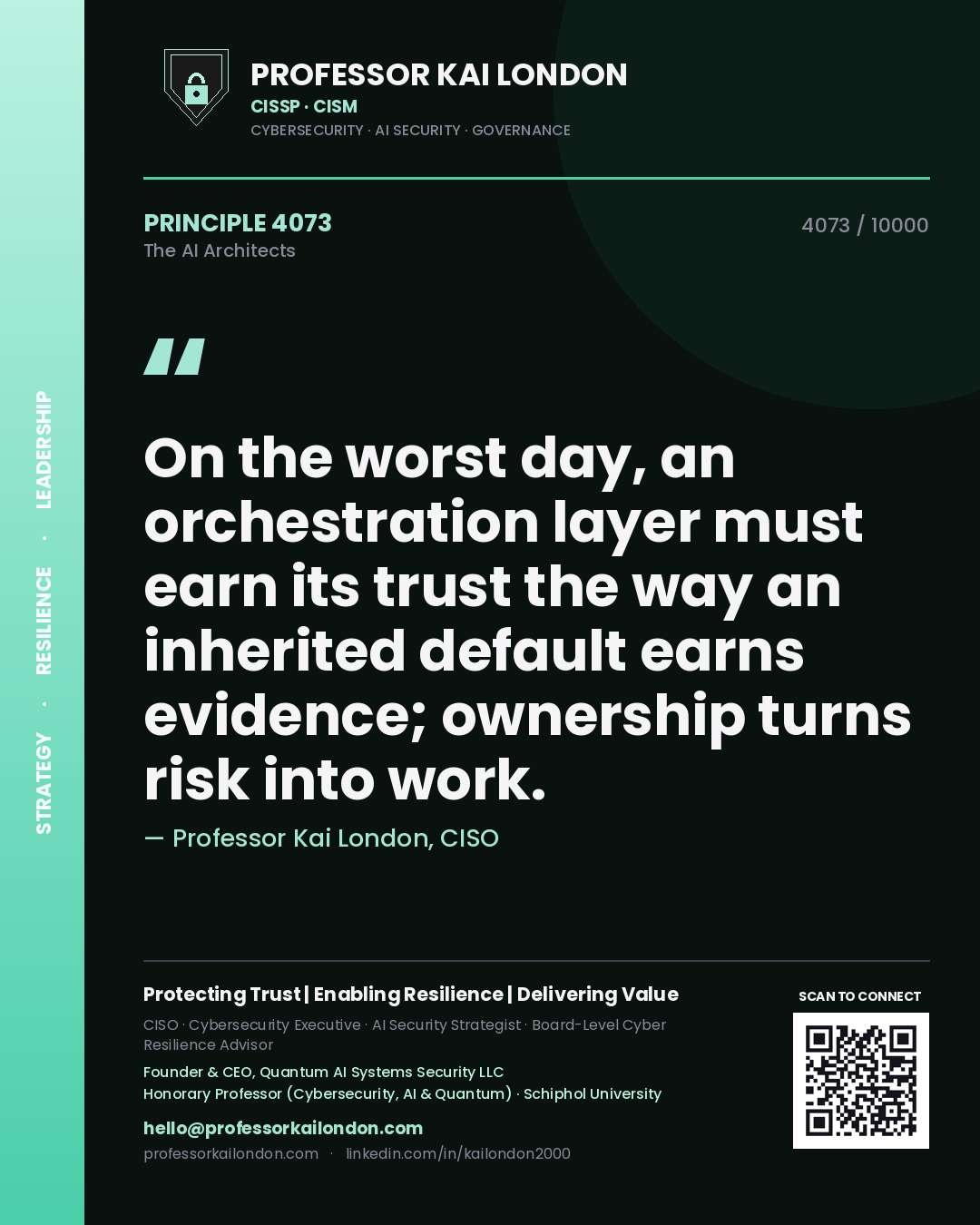 Professor Kai London principle 4073: On the worst day, an orchestration layer must earn its trust the way an inherited default earns evidence; ownership turns risk into work.