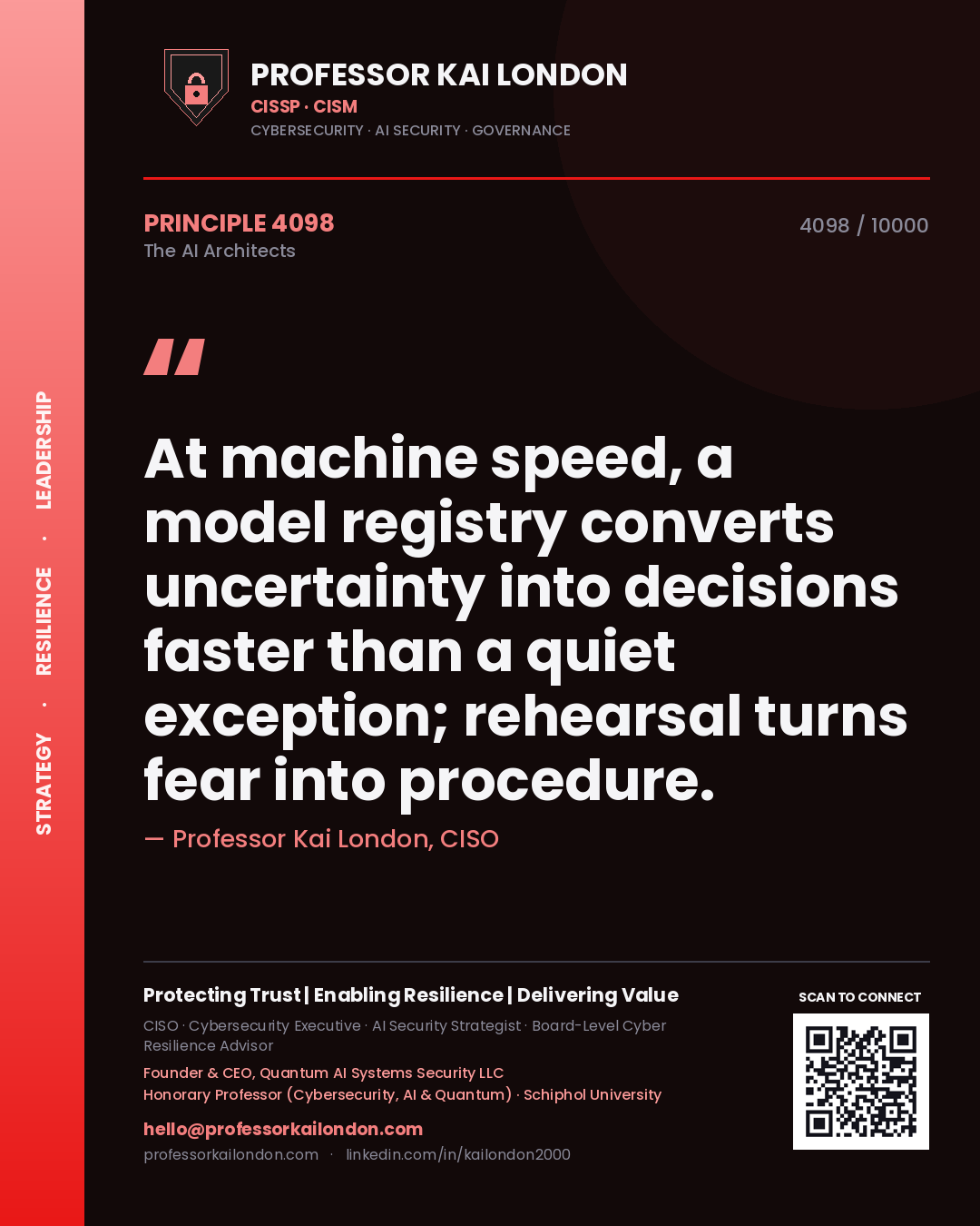 Quote card by Professor Kai London reading 'At machine speed, a model registry converts uncertainty into decisions faster than a quiet exception; rehearsal turns fear into procedure.'. From the book The AI Architects.