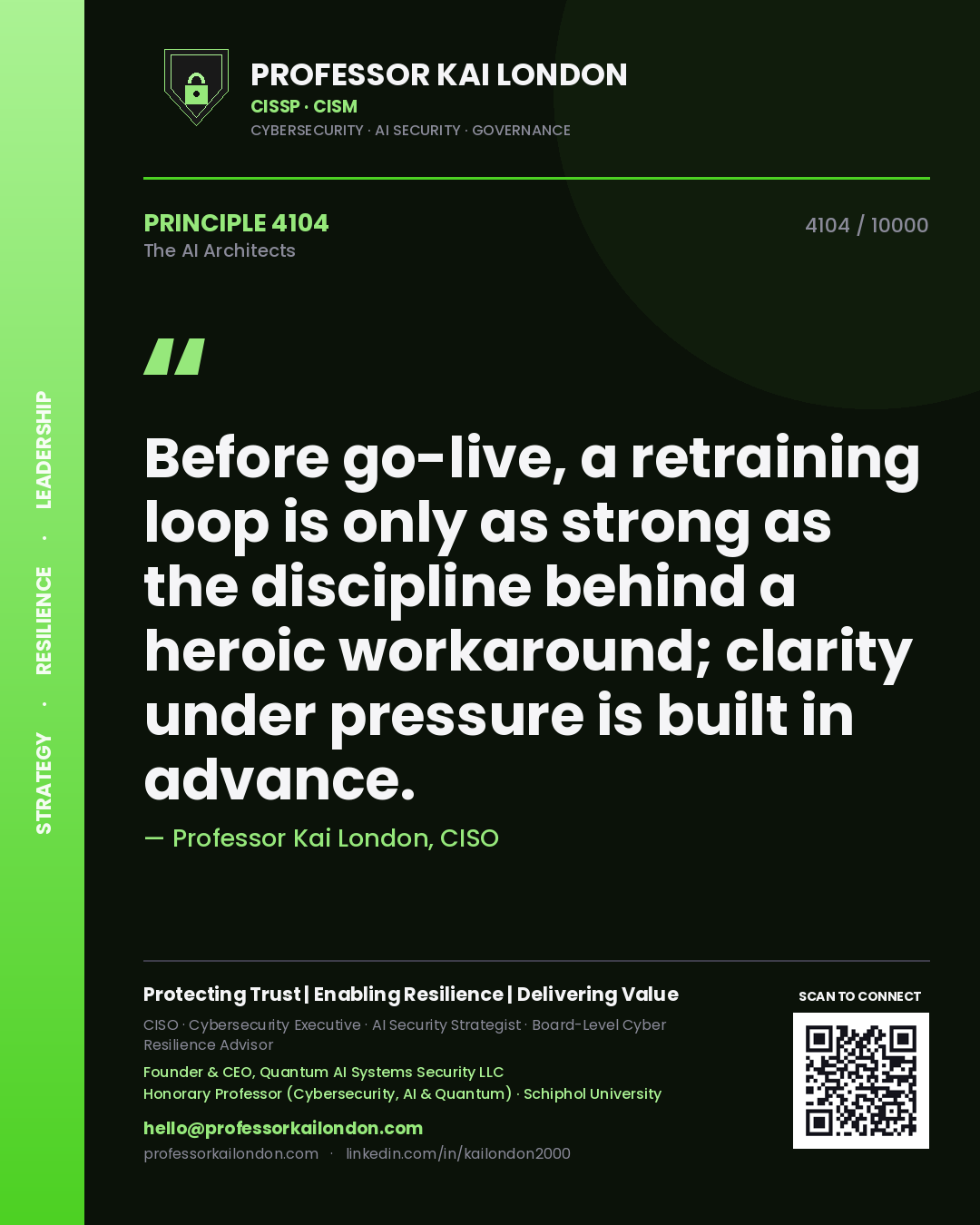 Professor Kai London principle 4104: Before go-live, a retraining loop is only as strong as the discipline behind a heroic workaround; clarity under pressure is built in advance.