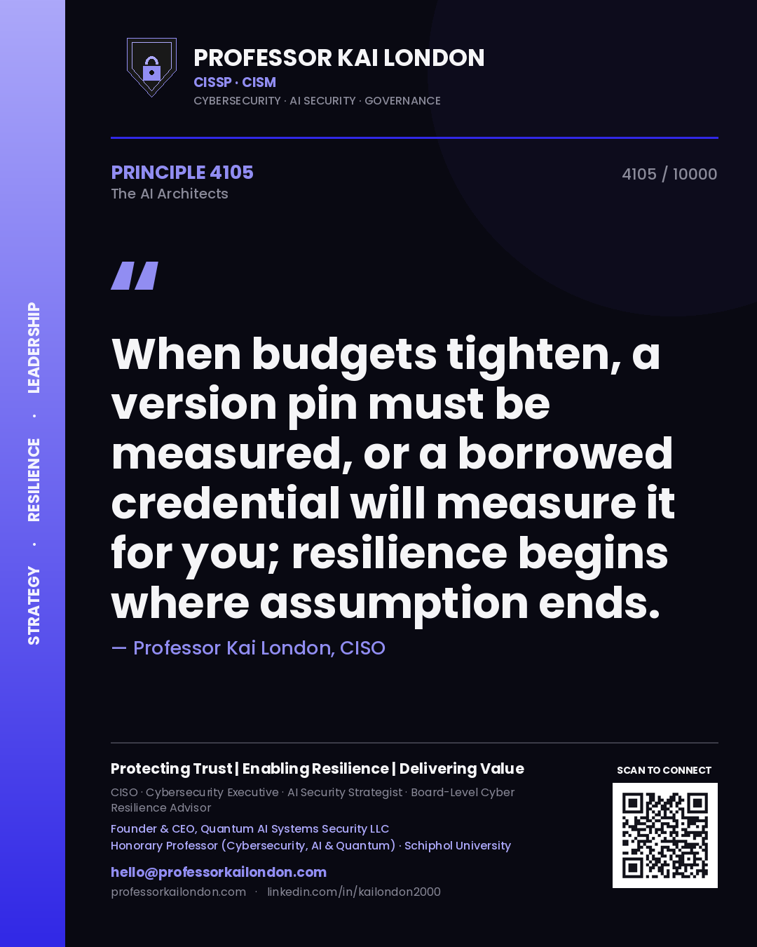 Quote card by Professor Kai London reading 'When budgets tighten, a version pin must be measured, or a borrowed credential will measure it for you; resilience begins where assumption ends.'. From the book The AI Architects.