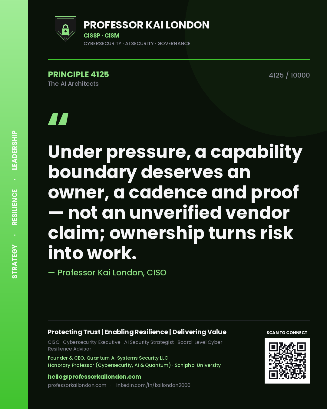 Professor Kai London principle 4125: Under pressure, a capability boundary deserves an owner, a cadence and proof — not an unverified vendor claim; ownership turns risk into work.